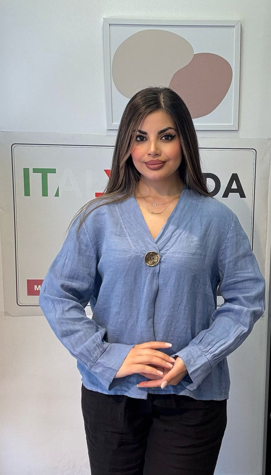 Mavi, %100 Keten, V Yaka Düğme Detaylı Gömlek, STD Beden, 38-46