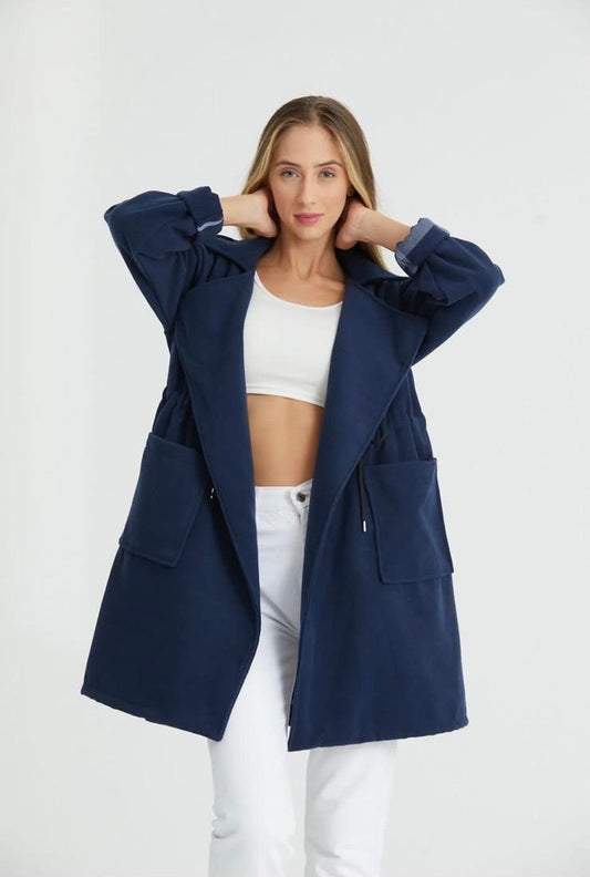 Lacivert, Kapüşonlu, Beli İp Ayarlı Ceket / Kaban