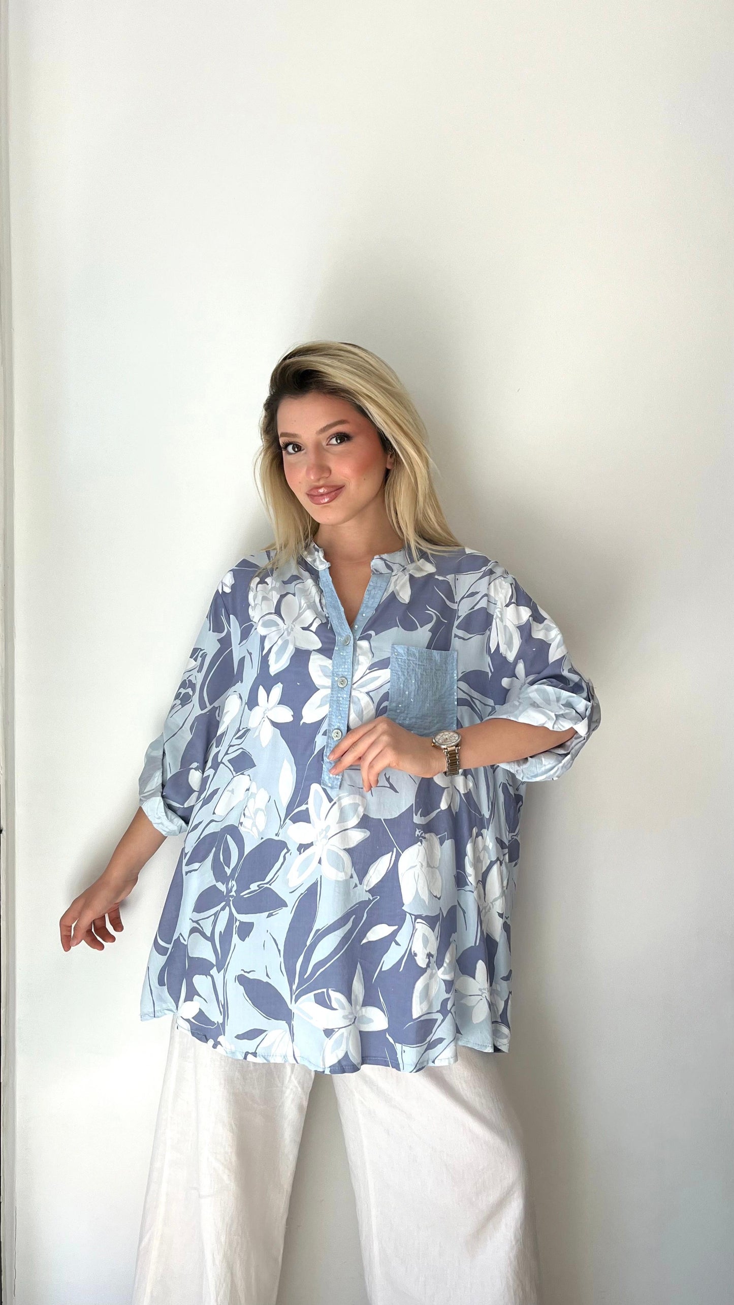 Mavi, %100 Viskon, Çiçek Desenli, Payetli Gömlek