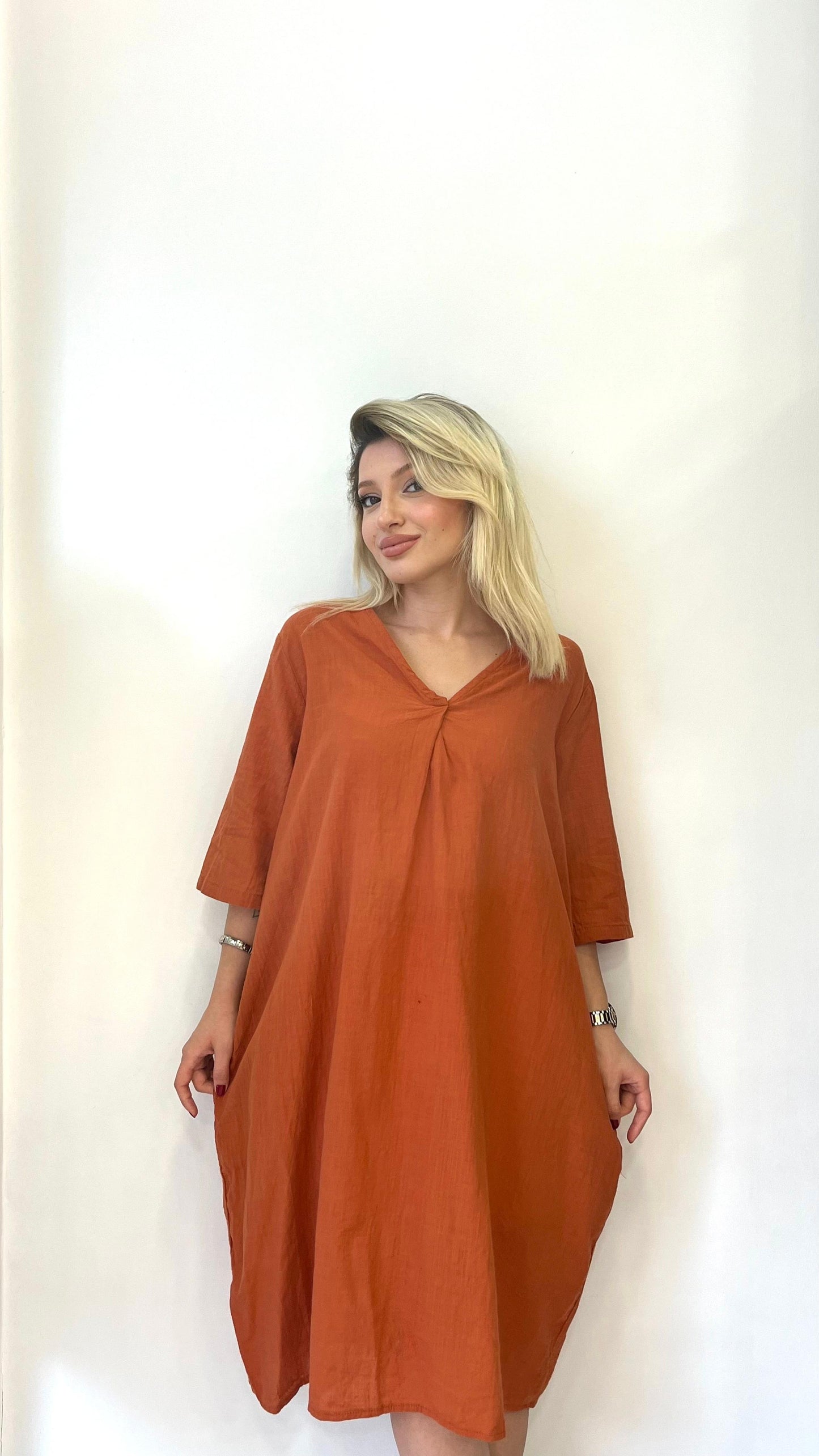 Kiremit, %100 Pamuk, Cepli, V Yaka Elbise