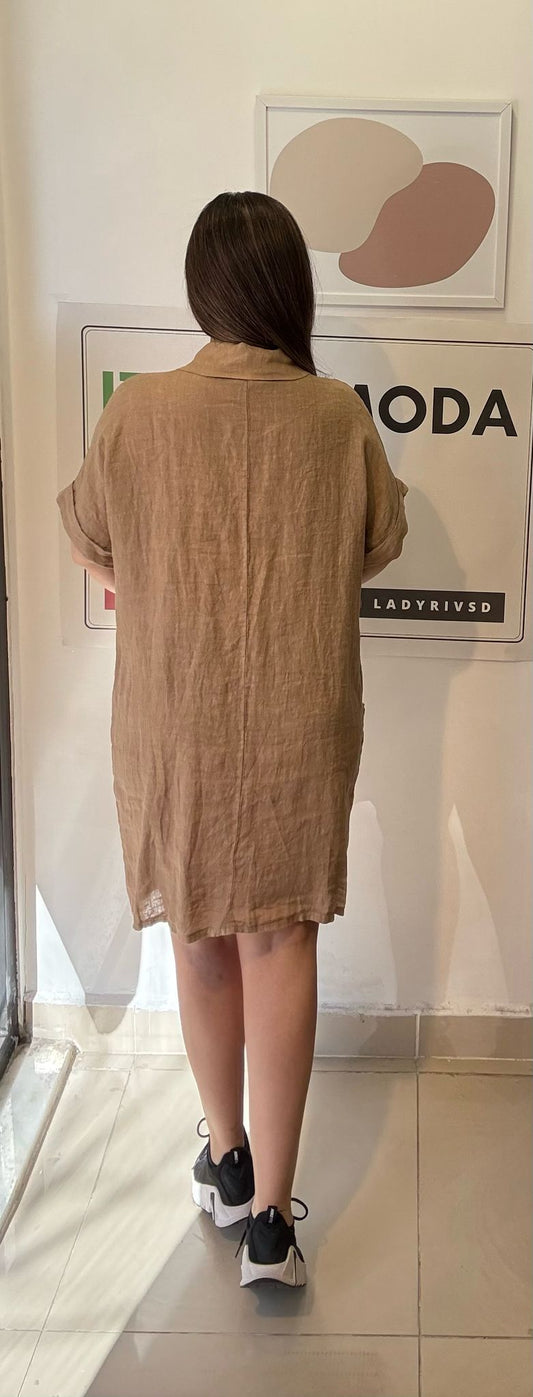 Camel, %100 Keten, V Yaka, Cepli, Gipeli, İtalyan Elbise / STD Beden-38/46