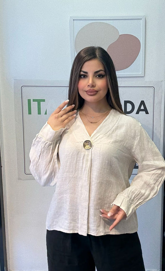 Bej, %100 Keten, V Yaka Düğme Detaylı Gömlek, STD Beden, 38-46