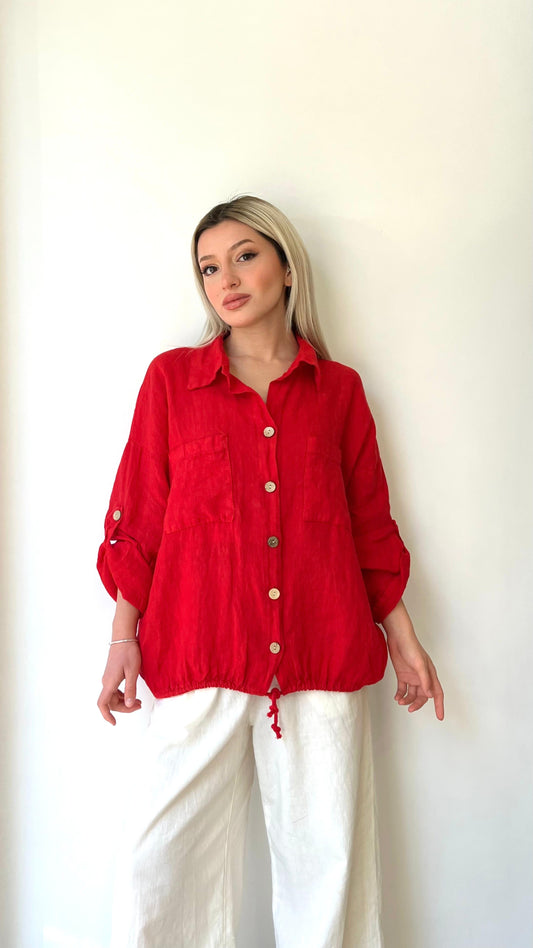 Kırmızı, %100 Keten, Beli İp Bağlamalı Gömlek