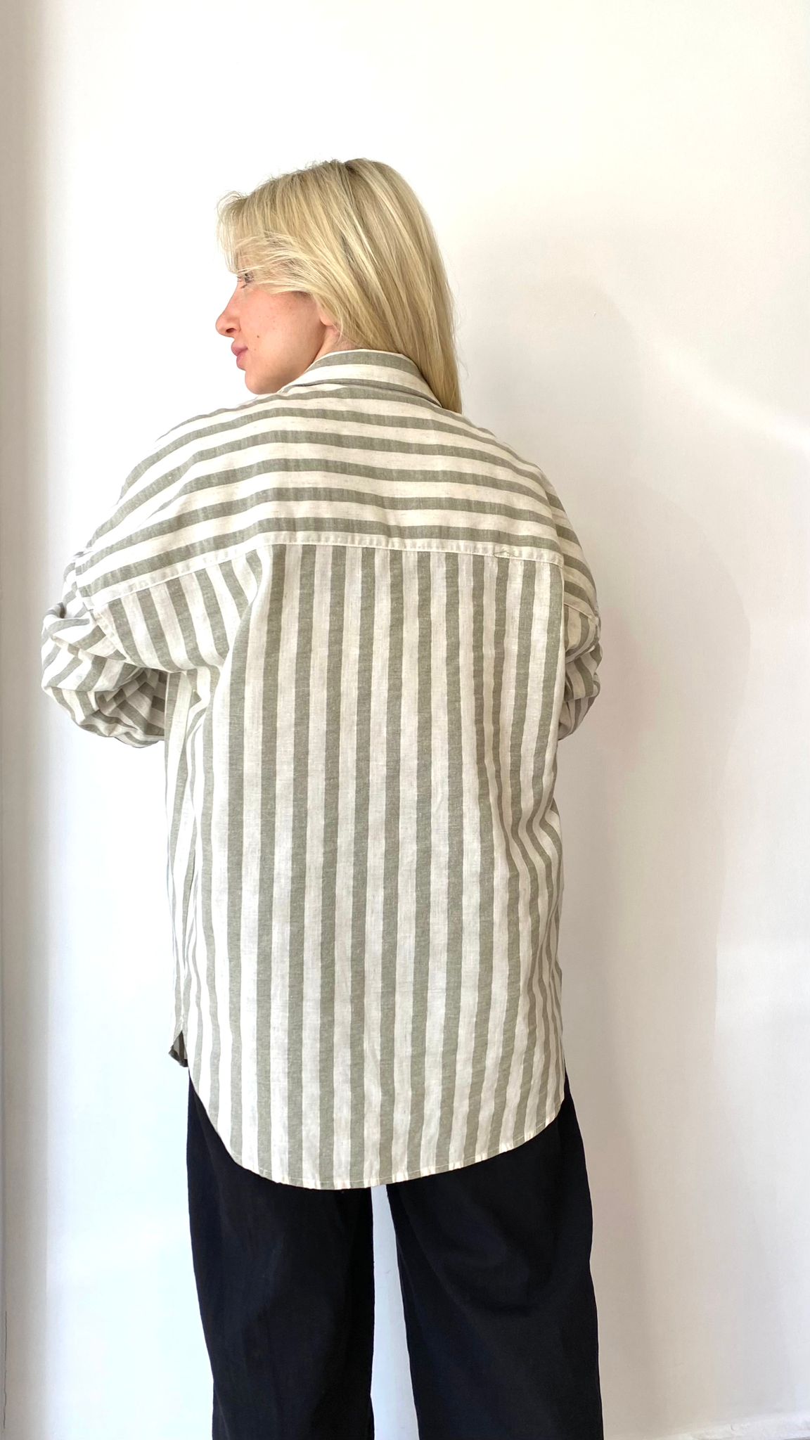 Haki, Çizgili, Oversize Gömlek