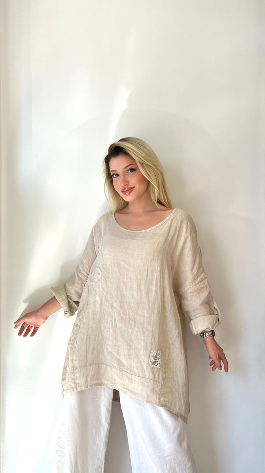 Bej, %100 Keten, Çiçek Detaylı, Arkası Uzun Bluz