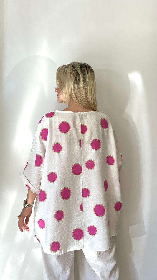 Pembe, Puantiyeli Viskon Bluz