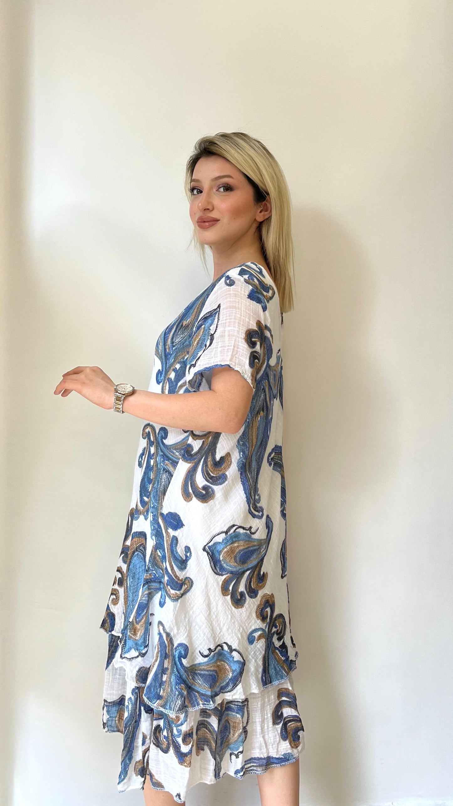 Beyaz, Şal Desenli, İki Kat Etekli, Pamuk-Viskon Elbise