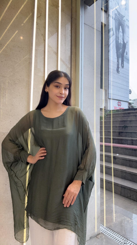 Haki, Astarlı İpek Bluz / Tunik Gömlek / STD Beden, 38/46