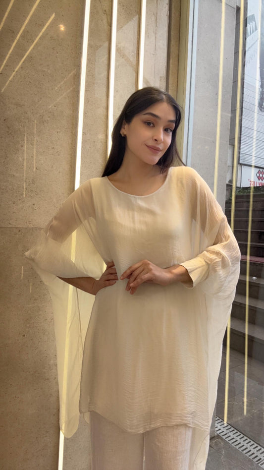 Ekru, Astarlı İpek Bluz / Tunik Gömlek / STD Beden, 38/46