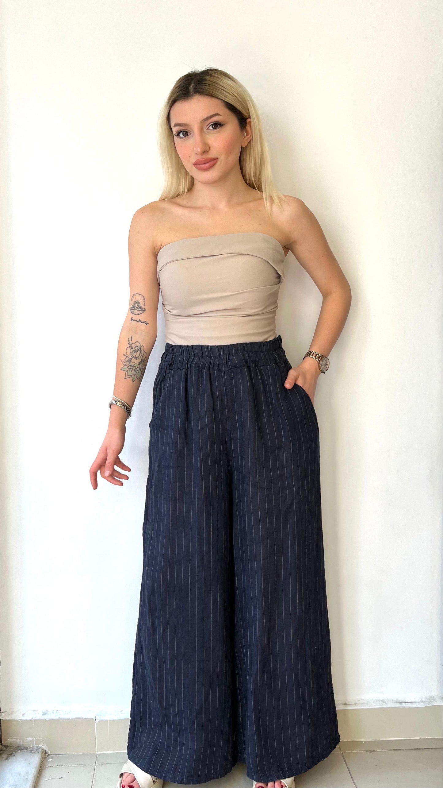 Lacivert, %100 Keten, Çizgili, Beli Lastikli, Cepli, Bol Paça Pantolon