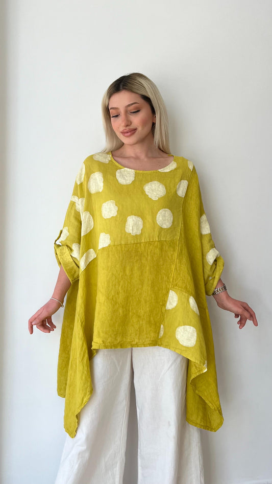 Sarı, Puantiyeli, Oversize Keten Bluz