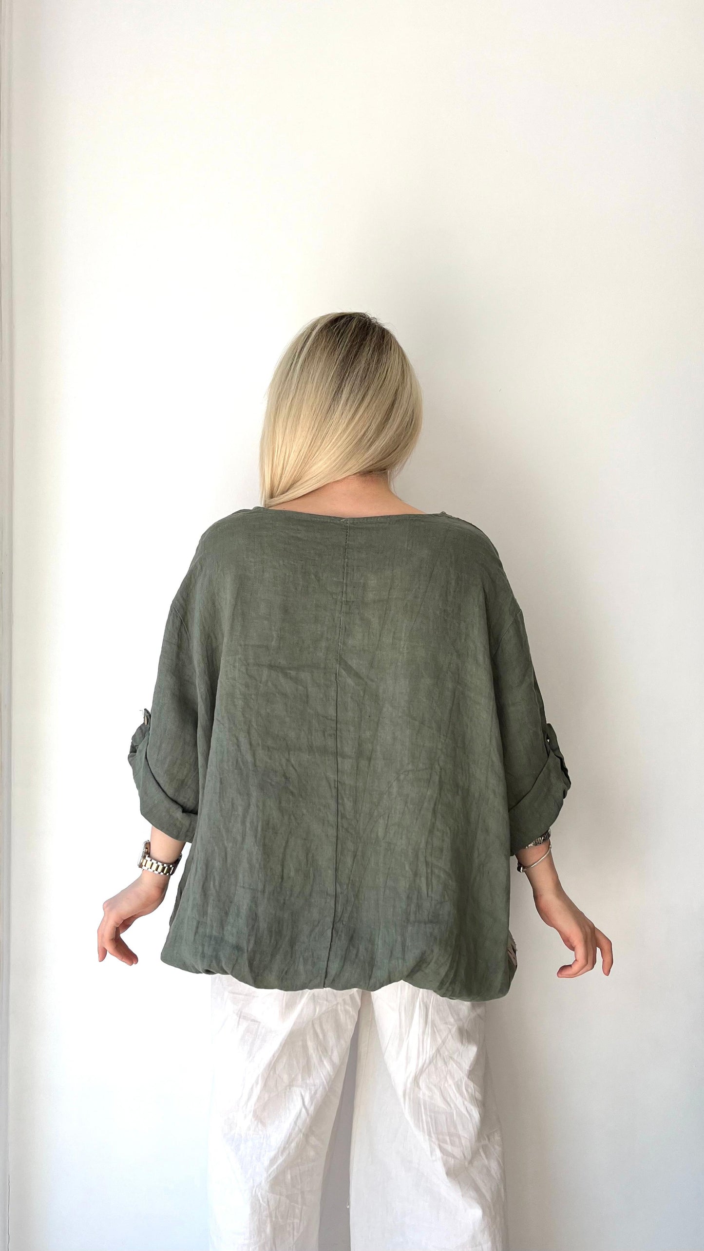 Haki, %100 Keten, Beli İp Bağlamalı, Çiçek Baskılı Gömlek