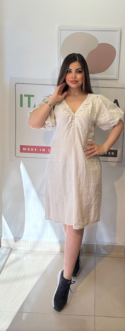 Bej, %100 Keten, V Yaka, İtalyan Elbise / STD Beden-38/46