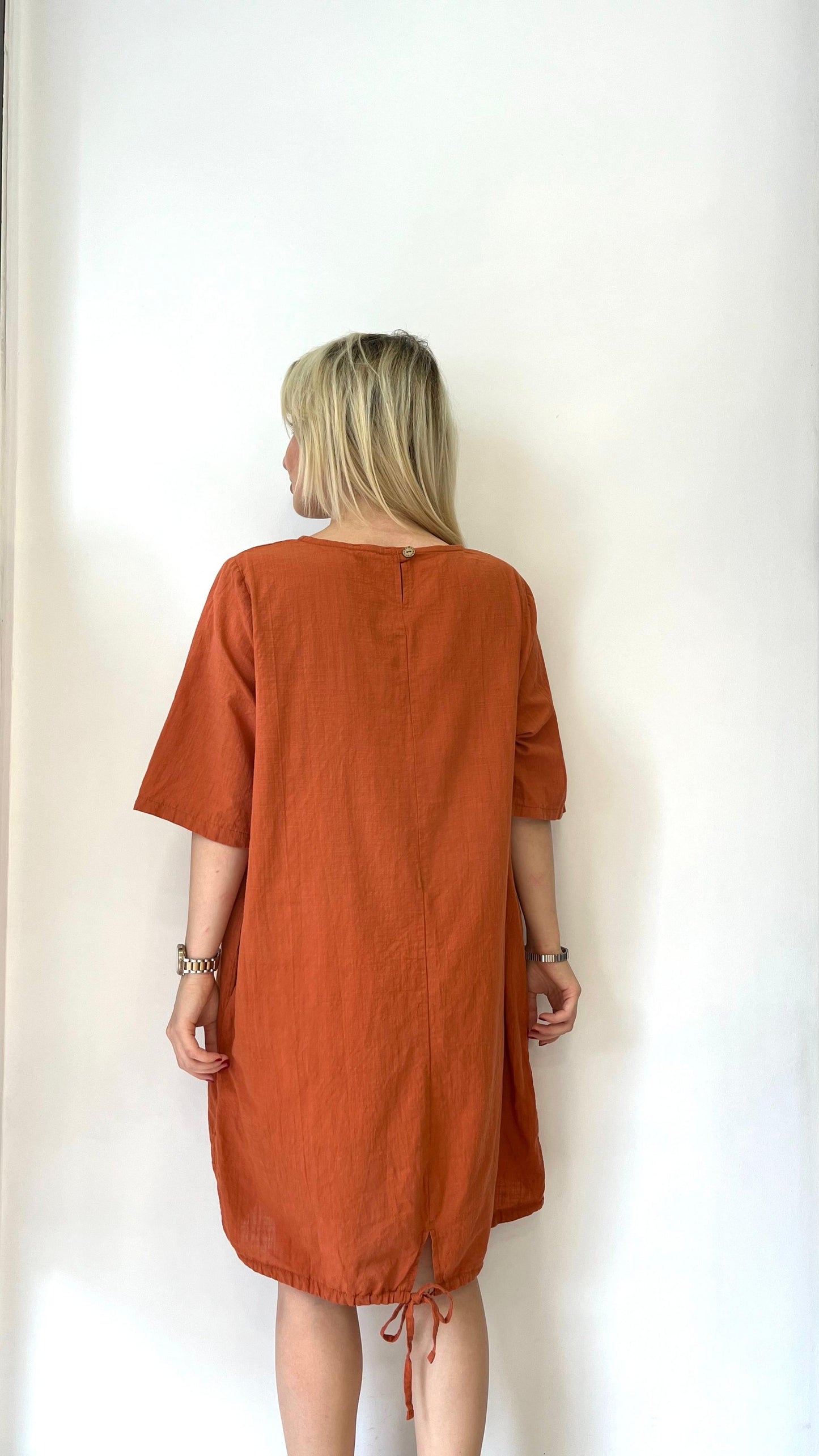 Kiremit, %100 Pamuk, Etek Kısmı İp Ayarlı, Cepli, Kısa Elbise