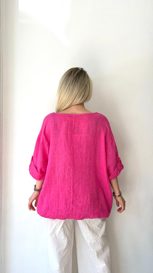 Pembe, %100 Keten, Beli İp Bağlamalı, Çiçek Baskılı Gömlek