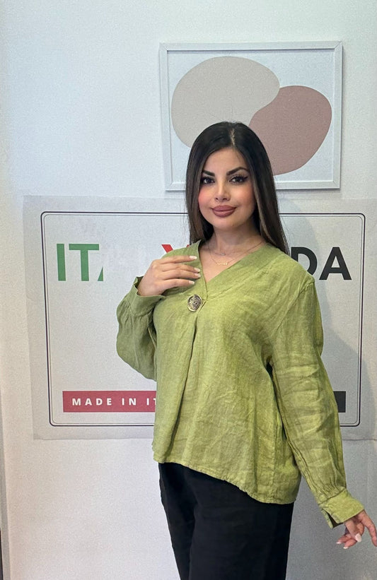 Yeşil, %100 Keten, V Yaka Düğme Detaylı Gömlek, STD Beden, 38-46