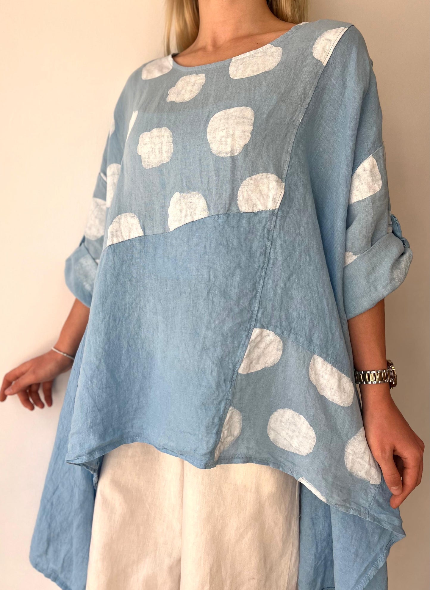 Açık Mavi, Puantiyeli, Oversize Keten Bluz