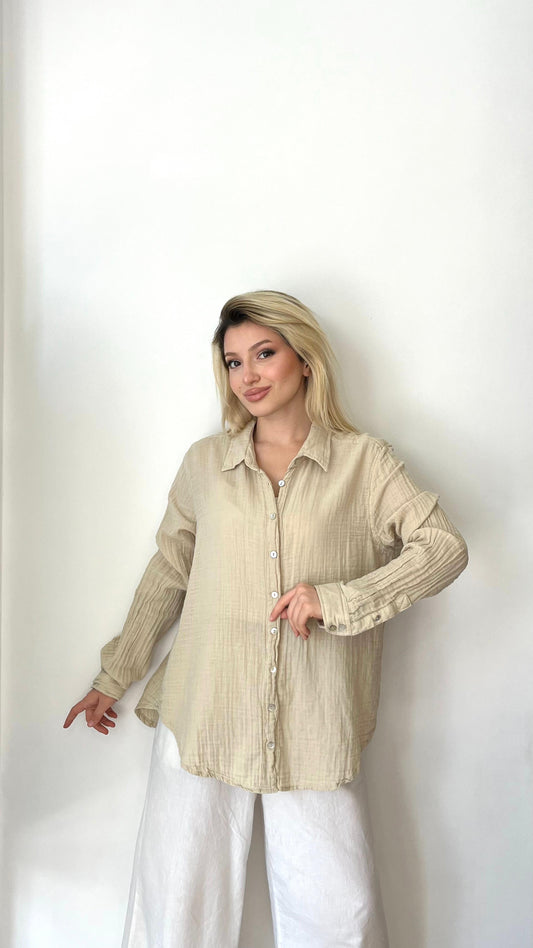 Bej, %100 Pamuk Müslin Gömlek