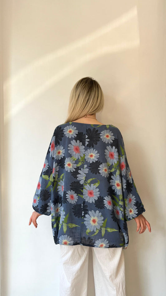 İndigo Mavi, %100 Pamuk, Çiçek Desenli, Kolyeli Bluz