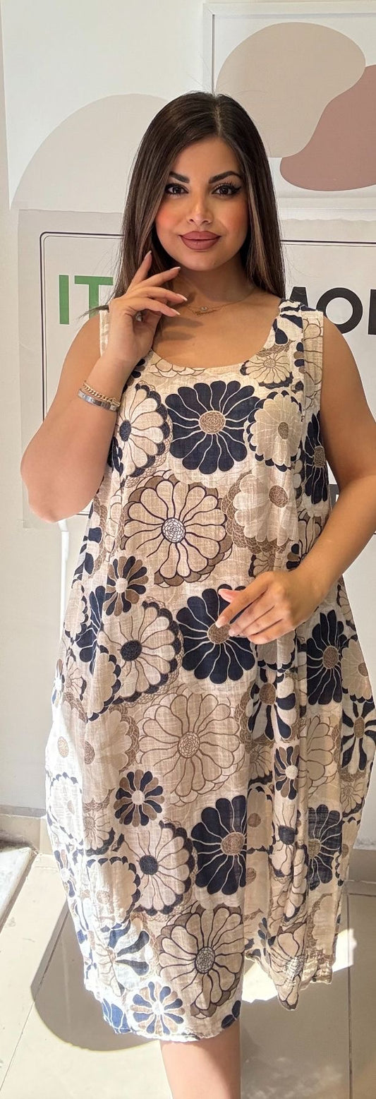 Bej, %100 Pamuk, Çiçekli, Cepli, İtalyan Elbise / STD Beden-38/46