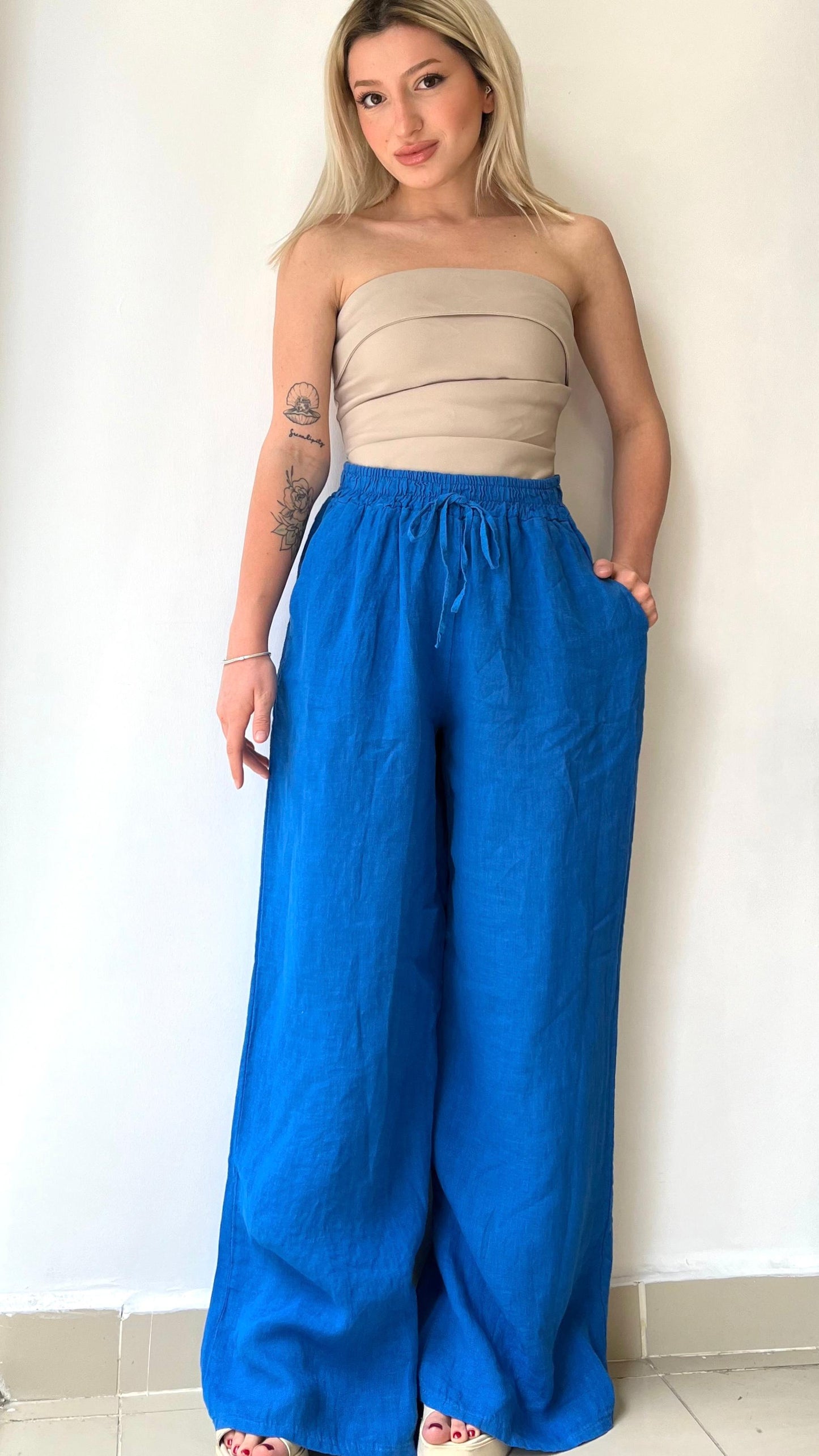 Saks, %100 Keten, Beli Lastikli, Cepli, Bol Paça Pantolon