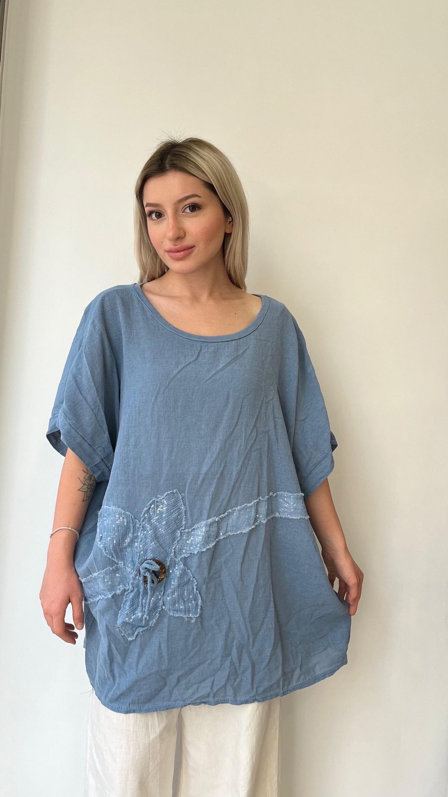 İndigo Mavi, Pamuk-Keten, Oversize, Payetli Bluz