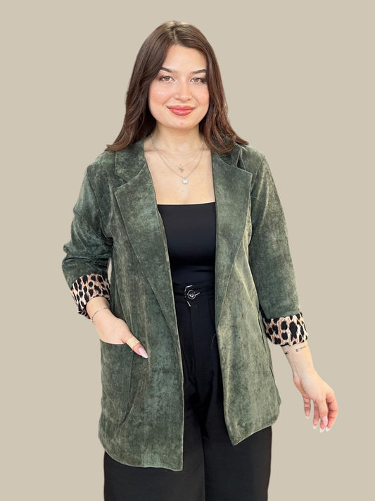 Yeşil, Leopar Desen Astarlı, Süet Dokulu Ceket