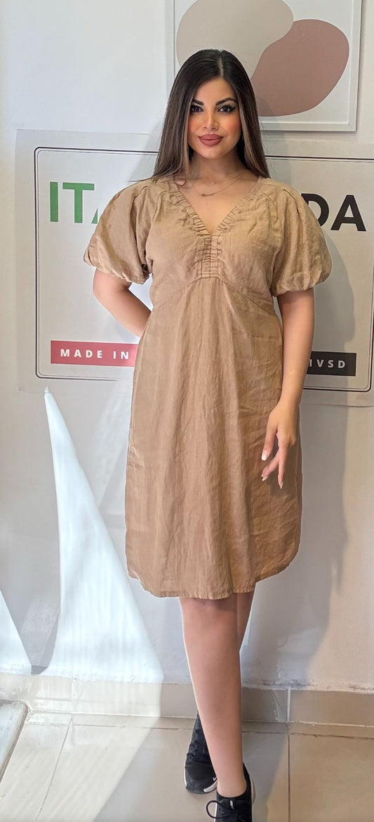 Camel, %100 Keten, V Yaka, İtalyan Elbise / STD Beden-38/46