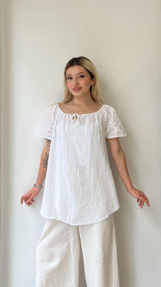 Beyaz, %100 Pamuk, Kolu Fisto Dantelli Bluz