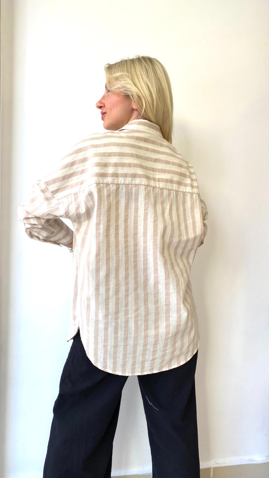 Bej, Çizgili, Oversize Gömlek