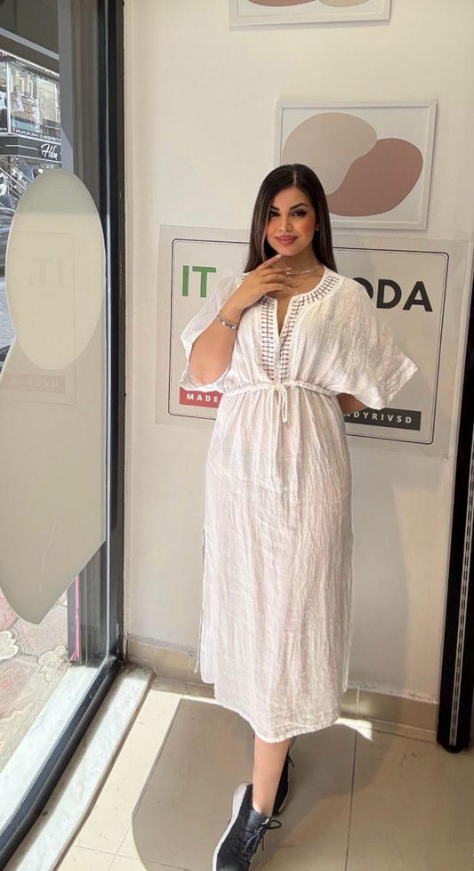 Beyaz, %100 Keten, V Yaka, Eteği Yanlardan Yırtmaçlı, İtalyan Kimono Elbise / STD Beden-38/46