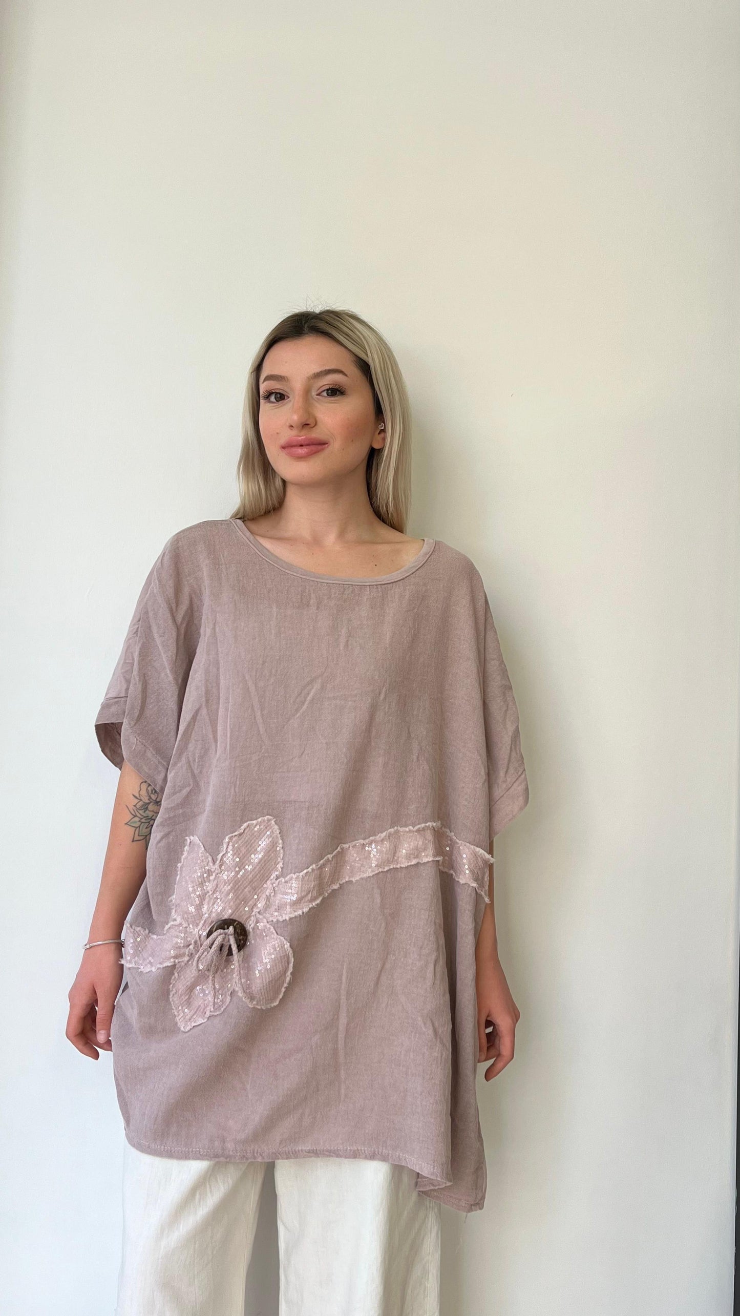 Koyu Pudra, Pamuk-Keten, Oversize, Payetli Bluz