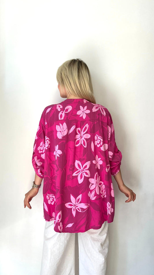 Pembe, %100 Viskon, Çiçek Desenli, Payetli Gömlek