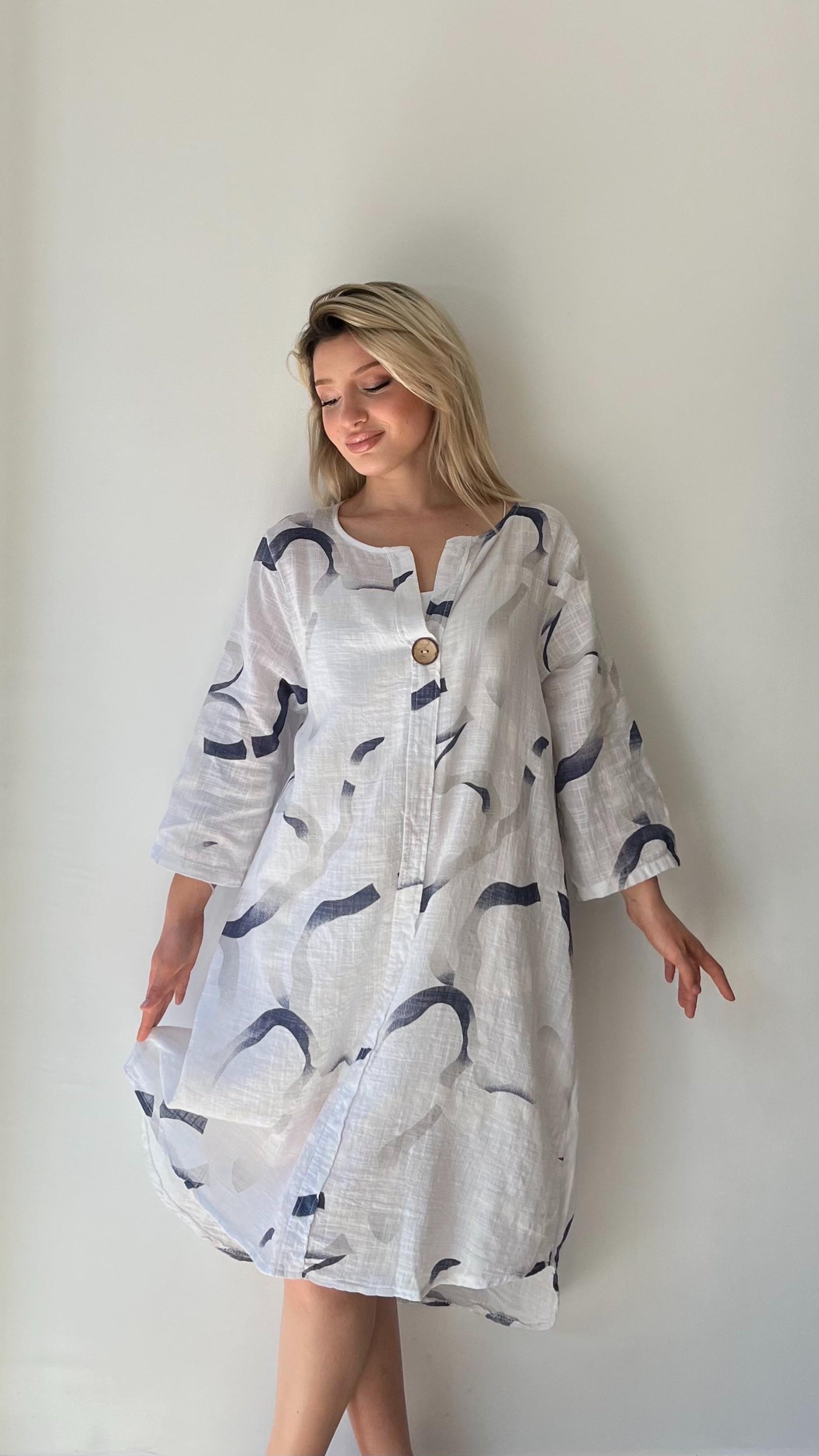 Beyaz, %100 Pamuk, Desenli Elbise