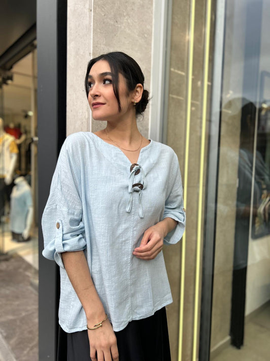 Mavi, %100 Pamuk, Bağcık Detaylı, Dokulu Bluz/Gömlek / STD Beden, 36/42