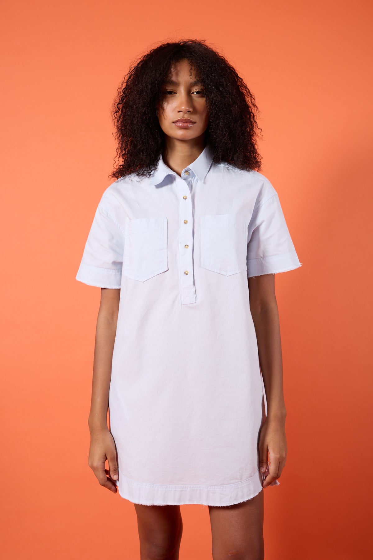 Buz Mavisi, Pamuklu Gabardin Kumaş, Yarım Düğmeli, Cepli, Gömlek Elbise