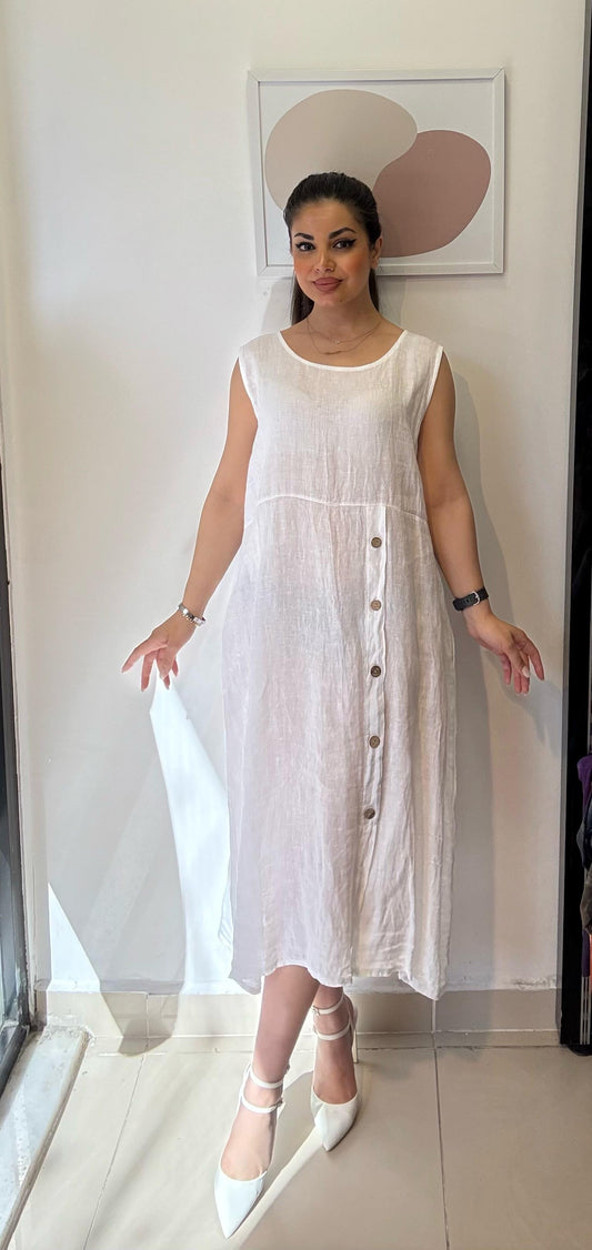 Beyaz, %100 Keten, Düğme Detaylı Elbise, STD Beden, 38-46