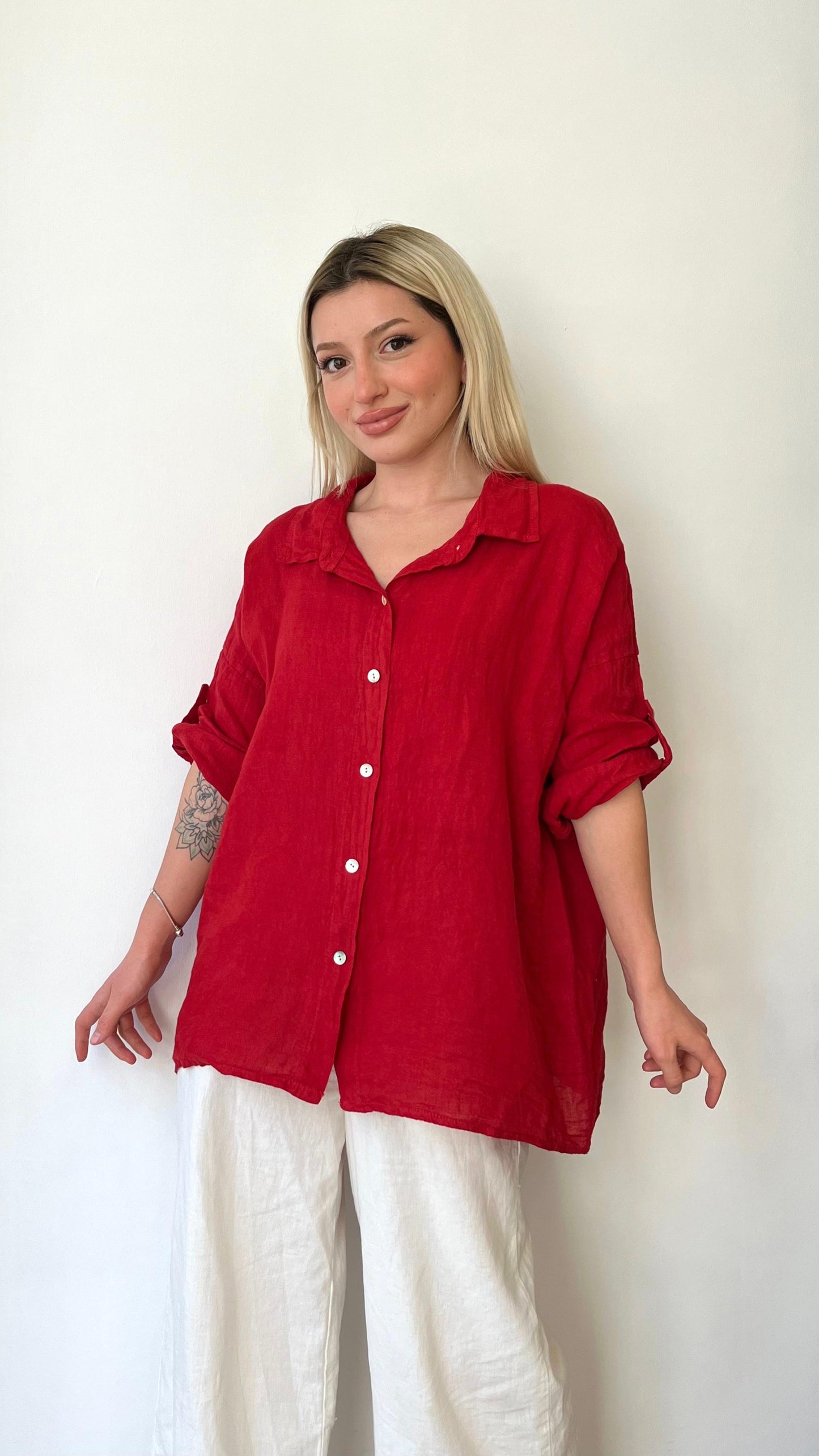 Kırmızı, %100 Keten, Relaxed Fit Gömlek