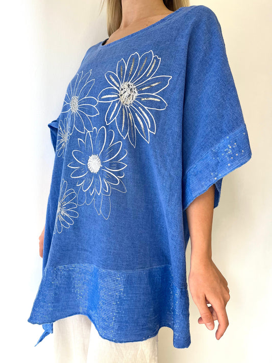 Mavi, Çiçek Desenli, Pamuk-Keten, Oversize, Payetli Bluz