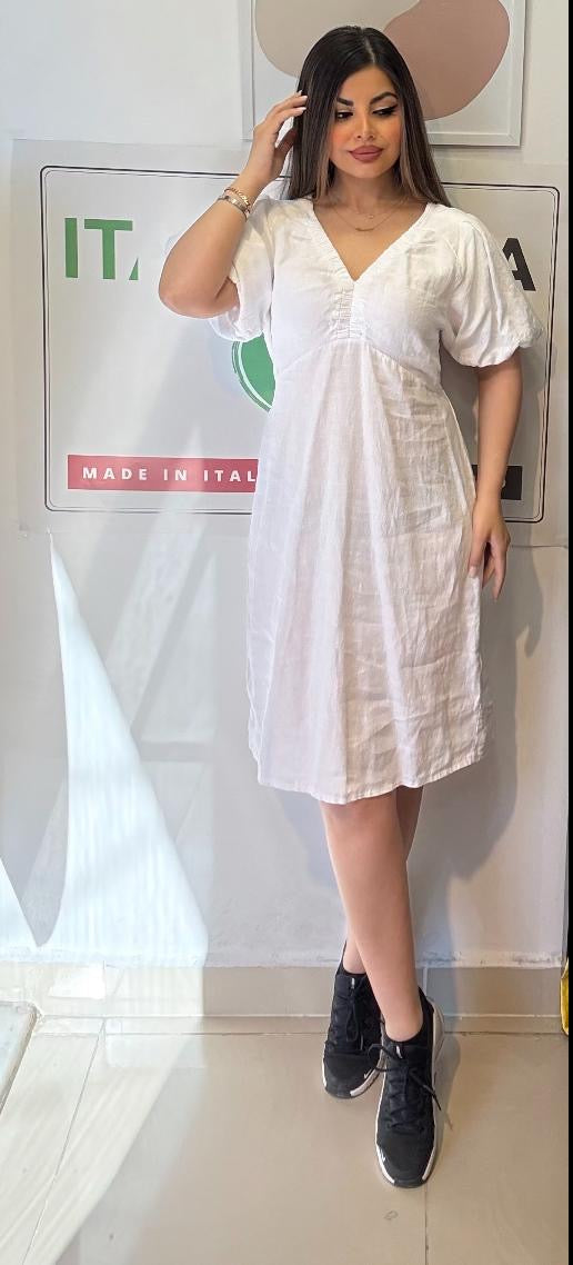 Beyaz, %100 Keten, V Yaka, İtalyan Elbise / STD Beden-38/46