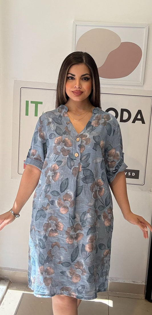Mavi, Çiçekli, %100 Keten İtalyan Elbise, Bol Kesim, V Yaka, Cepli / STD Beden-38/46