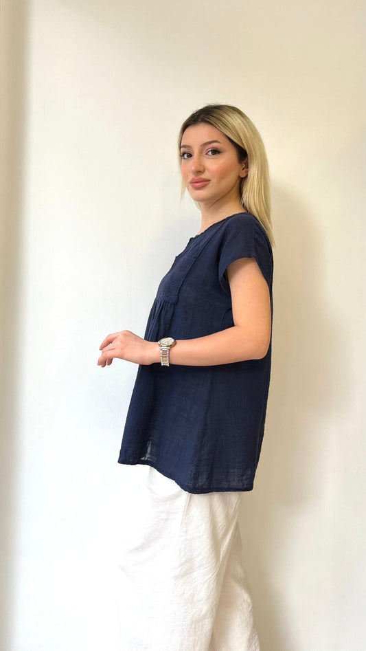 Lacivert, %100 Pamuk, Önü Fisto Dantelli Bluz