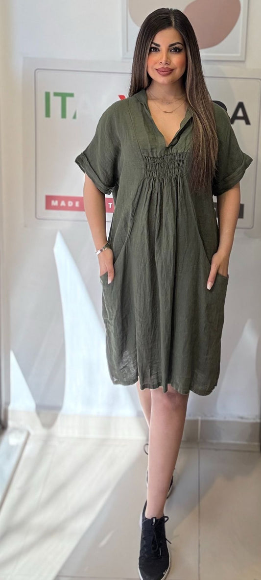 Haki, %100 Keten, V Yaka, Cepli, Gipeli, İtalyan Elbise / STD Beden-38/46
