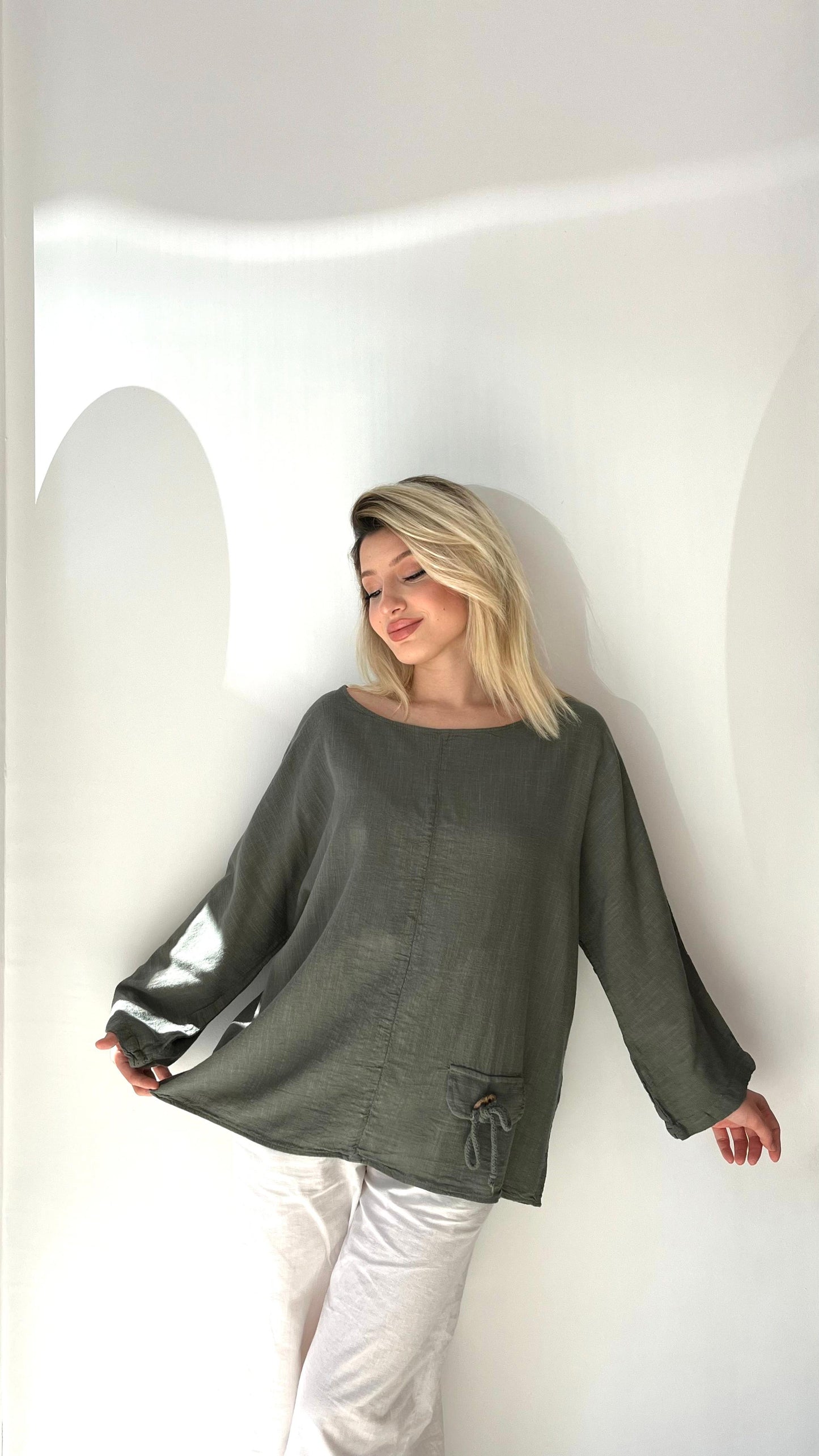 Haki, %100 Pamuk, Rahat Kesim Bluz