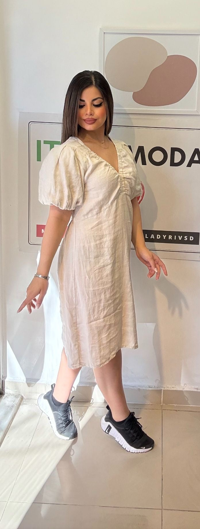 Bej, %100 Keten, V Yaka, İtalyan Elbise / STD Beden-38/46