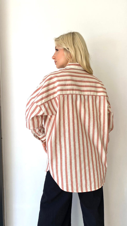 Kiremit, Çizgili, Oversize Gömlek