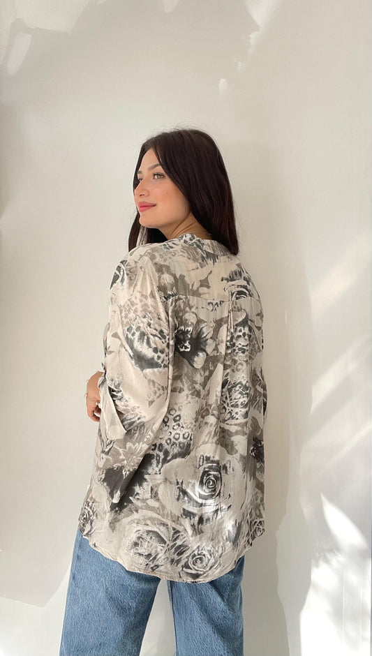 Bej, %100 Viskon, Gül Desenli, Payetli Gömlek