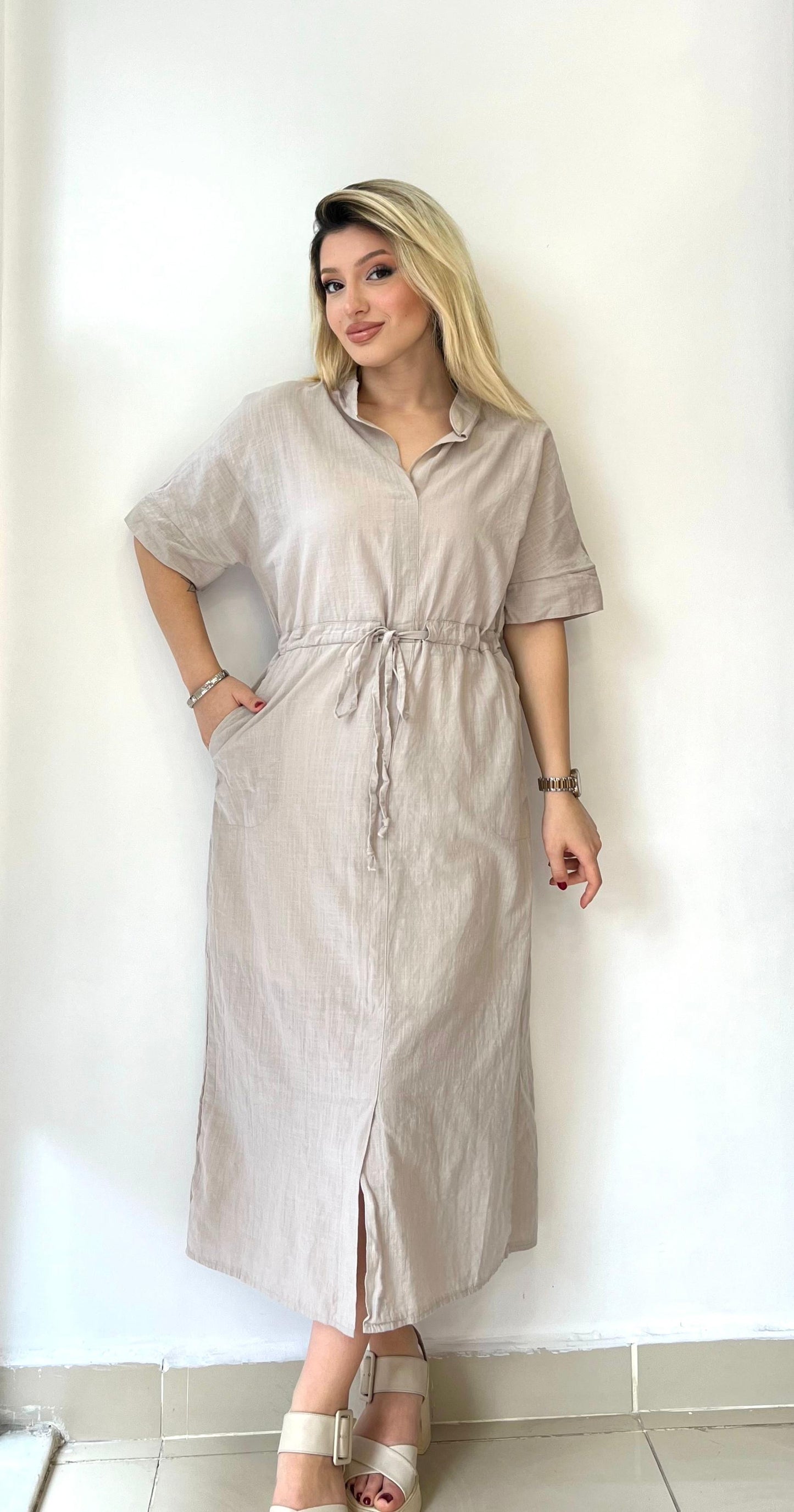 Bej, %100 Pamuk, Beli İp Bağlamalı, Cepli Elbise