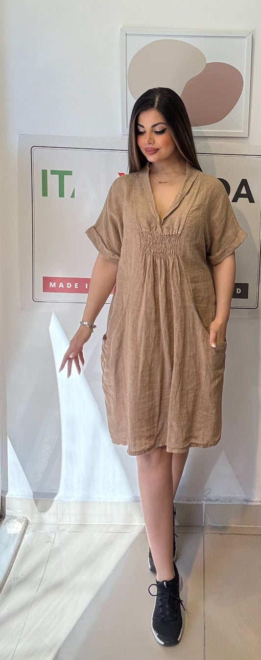 Camel, %100 Keten, V Yaka, Cepli, Gipeli, İtalyan Elbise / STD Beden-38/46