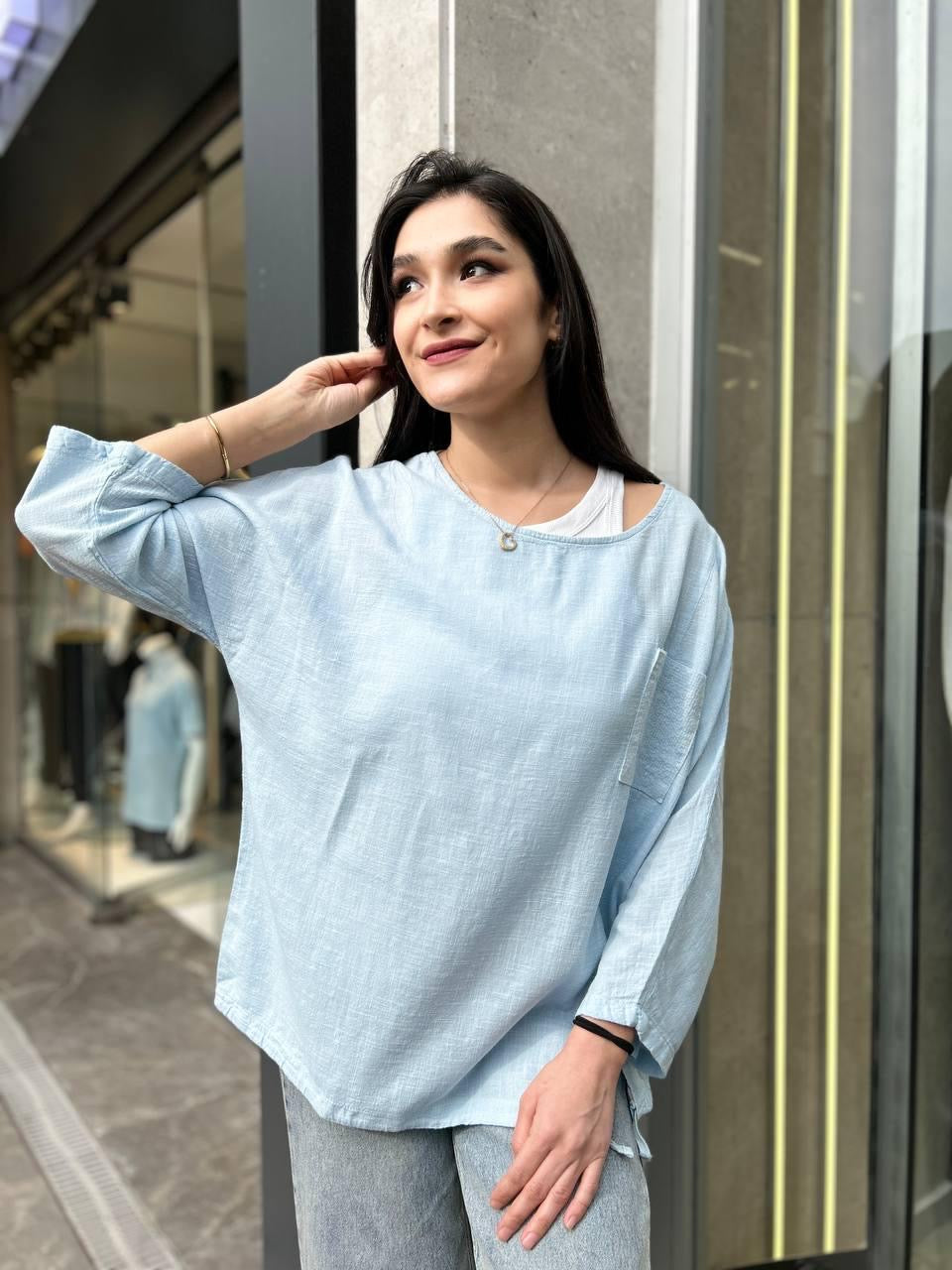 Mavi, %100 Pamuk, Cep Kısmı Payet İşli, Beli İp Ayarlı, Dokulu Bluz/Gömlek / STD Beden, 36/42